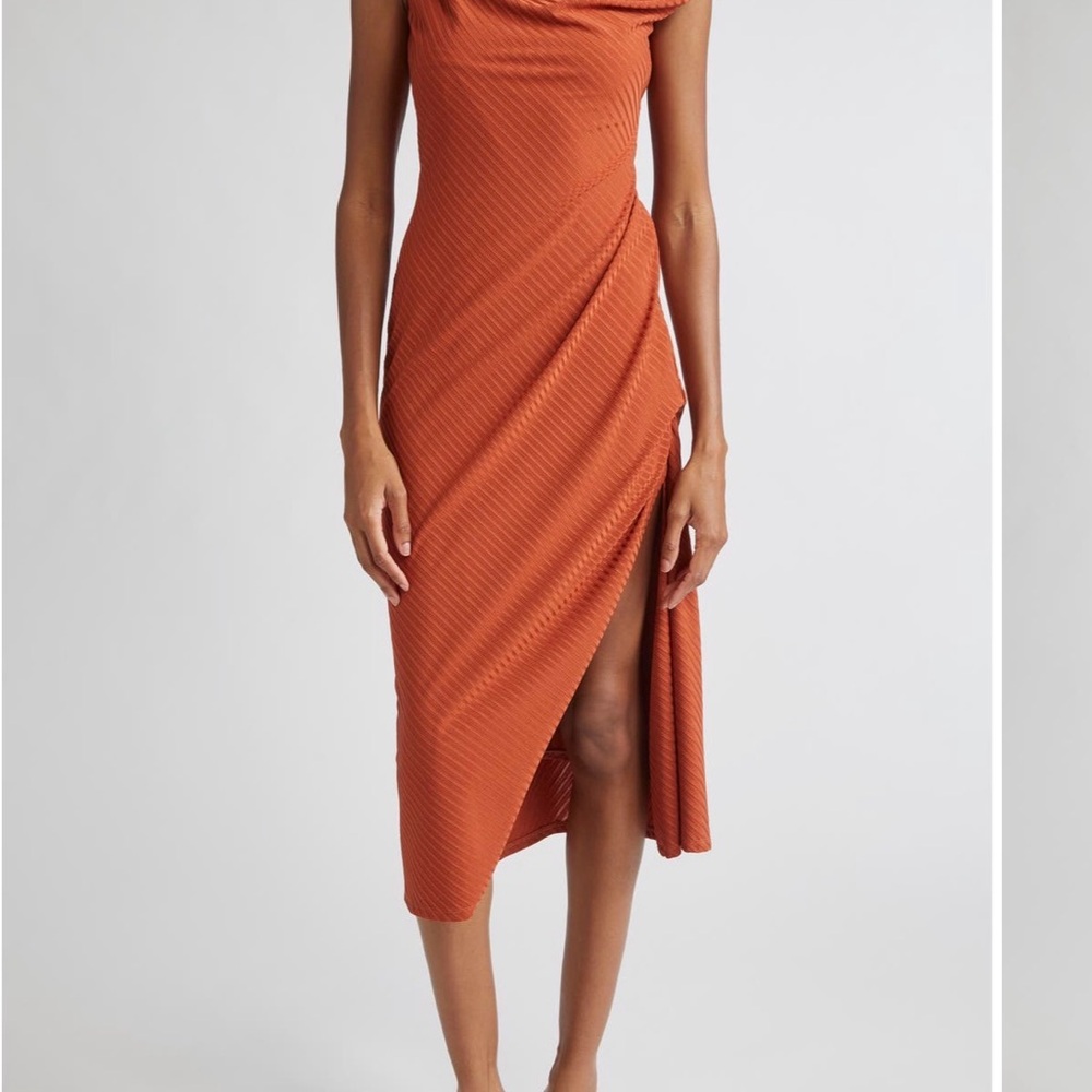 Ramy Brook Benja ribbed asymmetrical midi dress in terracotta